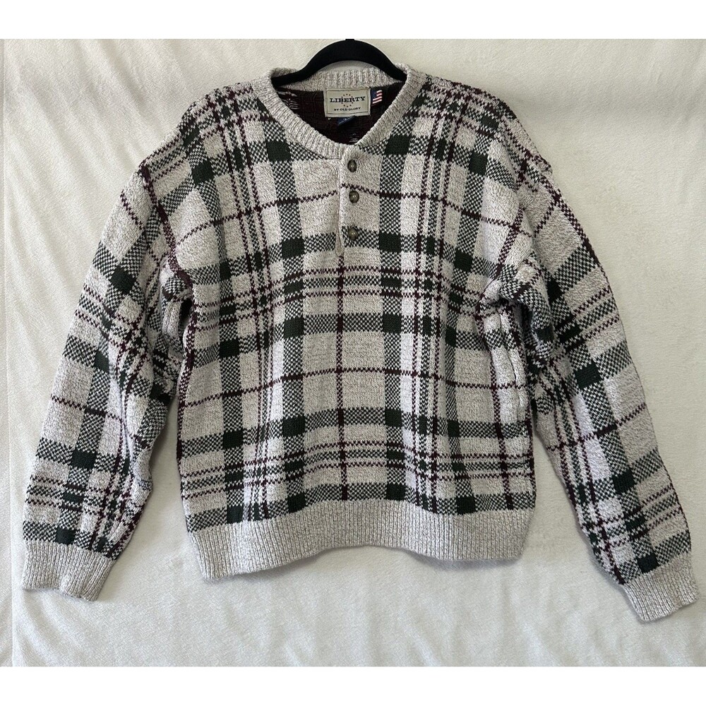 VTG Liberty by Old Glory V-Neck Mens Size L Sweater Multicolor Plaid Cotton USA